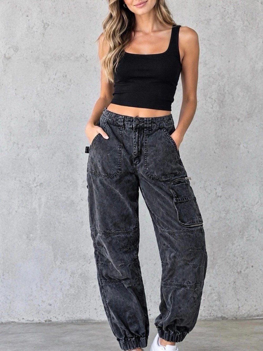 ALLSAINTS Frieda Denim Cargo Jogger Trousers Black Medium